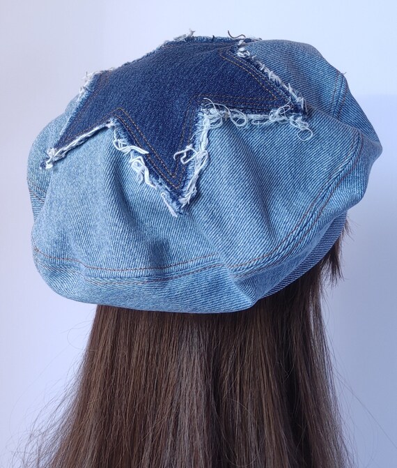 Blue Denim Beret Hat Boho Style Beret Upcycled Hat Patchwork  display picture 2