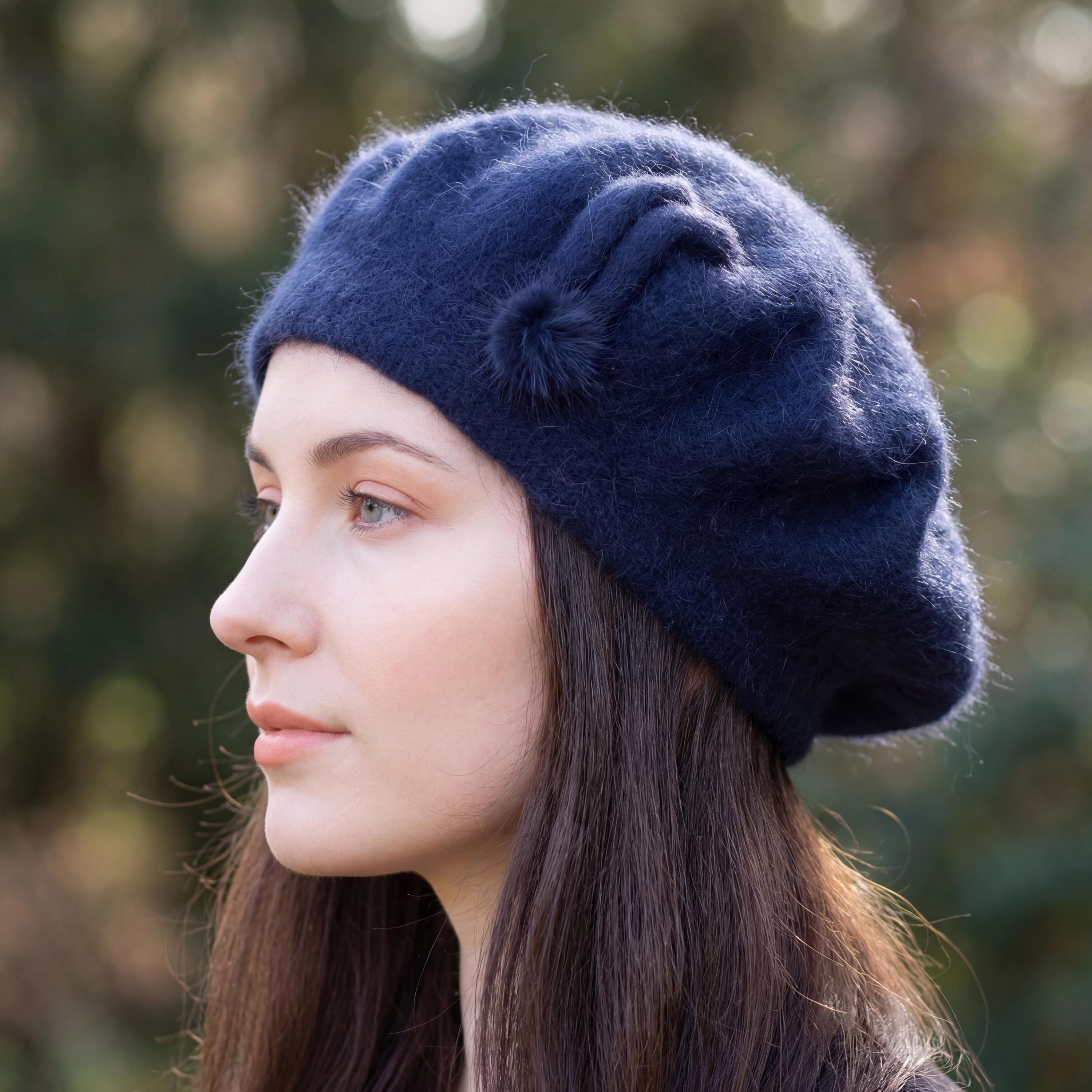 4168 Blue Beret - Warm Lined Wool Angora Knit Berets - French Paris Hat Angora Wool Knit Beret: Fluffy French Style Winter Hat - Etsy main image 2