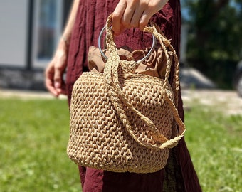 Raffia Bag Crochet,Basket Bag Raffia, Raffia Hand Bag in Natural, Raffia Pouch, Raffia Bag, Raffia Tote, Crochet Straw Bag