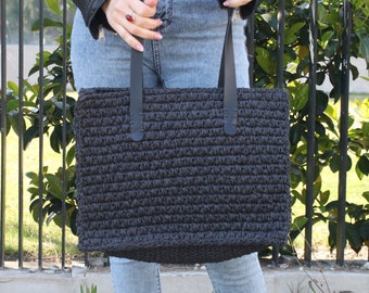 Black Raffia Bag, Large Raffia Shoulder Bag, Dark Gray Raffia Bag, Black Raffia Bag Handmade , Crochet Raffia bag, 2023 Summer Bag