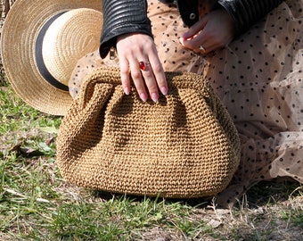 Raffia Bag Handmade Clutch, Crochet Raffia Clutch in Natural, Raffia Pouch, Raffia Shoulder Bag, Raffia Clutch Handbag, Crochet Straw Bag