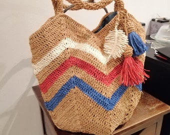 Crochet Raffia Bag, Colored Summer Bag, Large Crochet Raffia Bag, Straw Raffia Bag, Market bag, 2023 Summer Beach Bag, Straw Bag