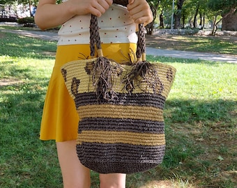 Leopard Brown Raffia Crochet Bag, Raffia Bag, Crochet Raffia bag, Market Shoulder Bag, Handmade summer bag, Basket Beach bag