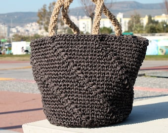 Crochet Raffia Bag, Large Black Raffia Crochet Bag, Raffia Bag, Market Shoulder Bag, Handmade Summer Bag, Basket Beach Bag