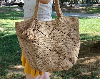 Raffia Bag, Raffia Summer Bag, Large Crochet Raffia Bag, Straw Raffia Bag, Straw Crochet Raffia Bag, Straw Market bag, 2023 Summer Beach Bag