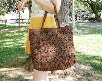 Large Brown Crochet Raffia Bag, Raffia Bag, Crochet Raffia bag, Market Shoulder Bag, Handmade summer bag, Basket Beach bag