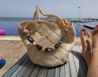 White Raffia Bag, White Summer Bag, Large Crochet Raffia Bag, Raffia Bag, White Crochet Raffia Bag, White Market bag, 2023 Summer Beach Bag