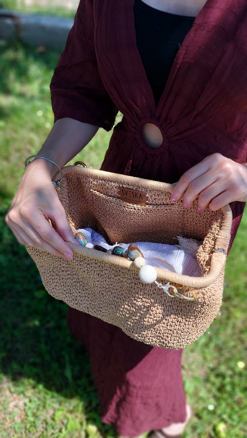 Raffia Bag Handmade Clutch, Crochet Raffia Clutch in Natural, Raffia Pouch, Raffia Shoulder Bag, Raffia Clutch Handbag, Crochet Straw Bag image 5