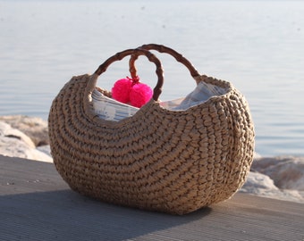 Stilvolle Raffia Handtasche, Sommertasche, häkeln Raffia in natürlichen, häkeln Raffia Handtasche, häkeln Sommertasche