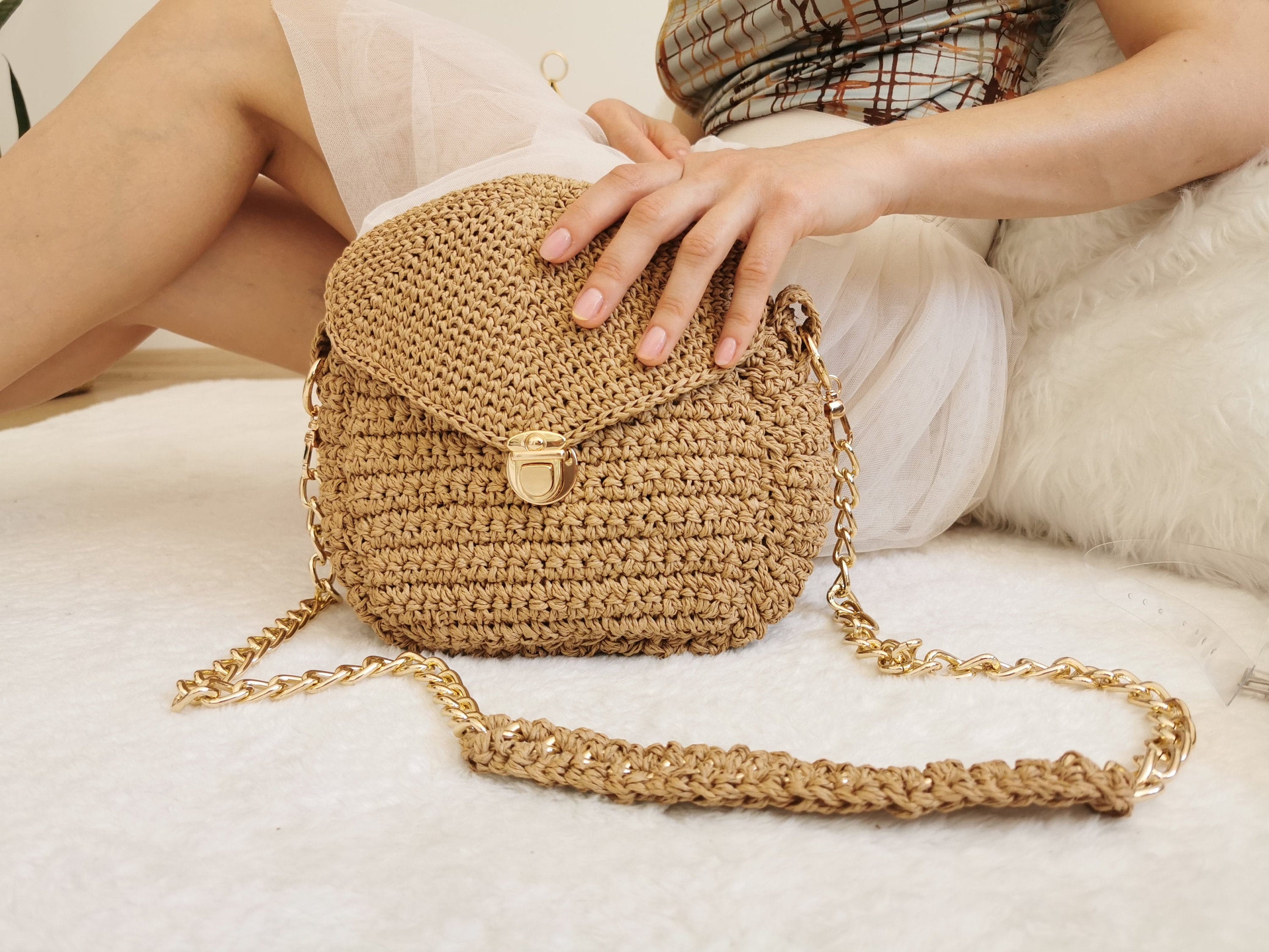 ショルダーバッグ・ポシェット [Slowslowly] Camellia Handmade Crochet Raffia Shoulder Bag Designer fashion, Seoul-fully created | W Concept