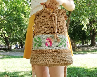 Bucket Raffia Bag, Crochet Raffia Bag, Straw Raffia Bag, Crochet Raffia Shoulder Bag, Handmade Summer Bag, Basket Beach Bag