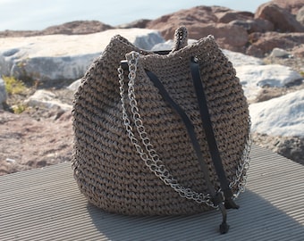 Bucket Raffia Bag, Crochet Raffia Bag, Gray Raffia Bag, Crochet Gray Raffia Bag, Handmade Summer Bag, Basket Beach Bag