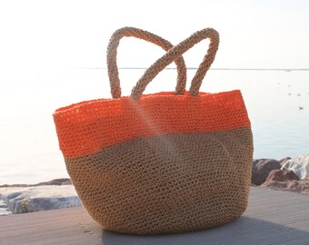 Beach Bag, Large Orange and Straw Raffia Crochet Bag, Raffia Bag, Crochet Raffia bag, Market Shoulder Bag, Summer bag, Basket Beach Bag