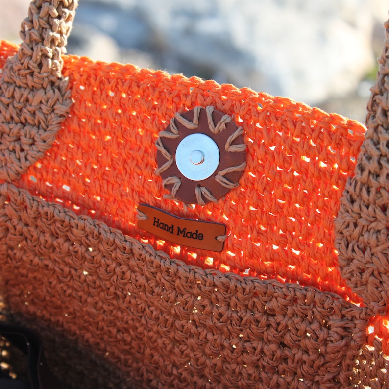 Basket Beach bag Crochet Raffia bag Large Orange and Straw Raffia Crochet Bag Handmade summer bag Raffia Bag Market Shoulder Bag