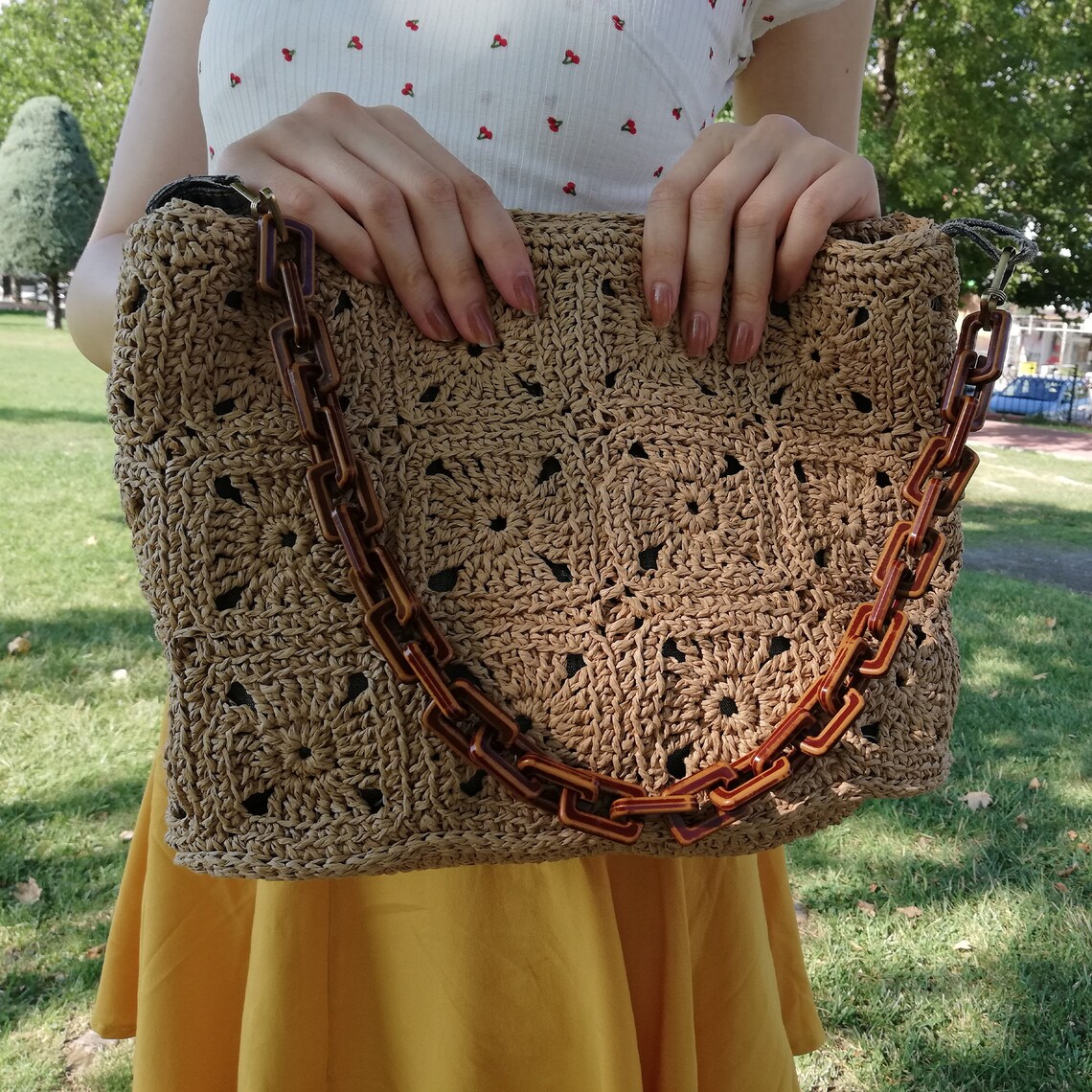 Raffia Bag, Handmade Summer Raffia Bag, Crochet Raffia Clutch in