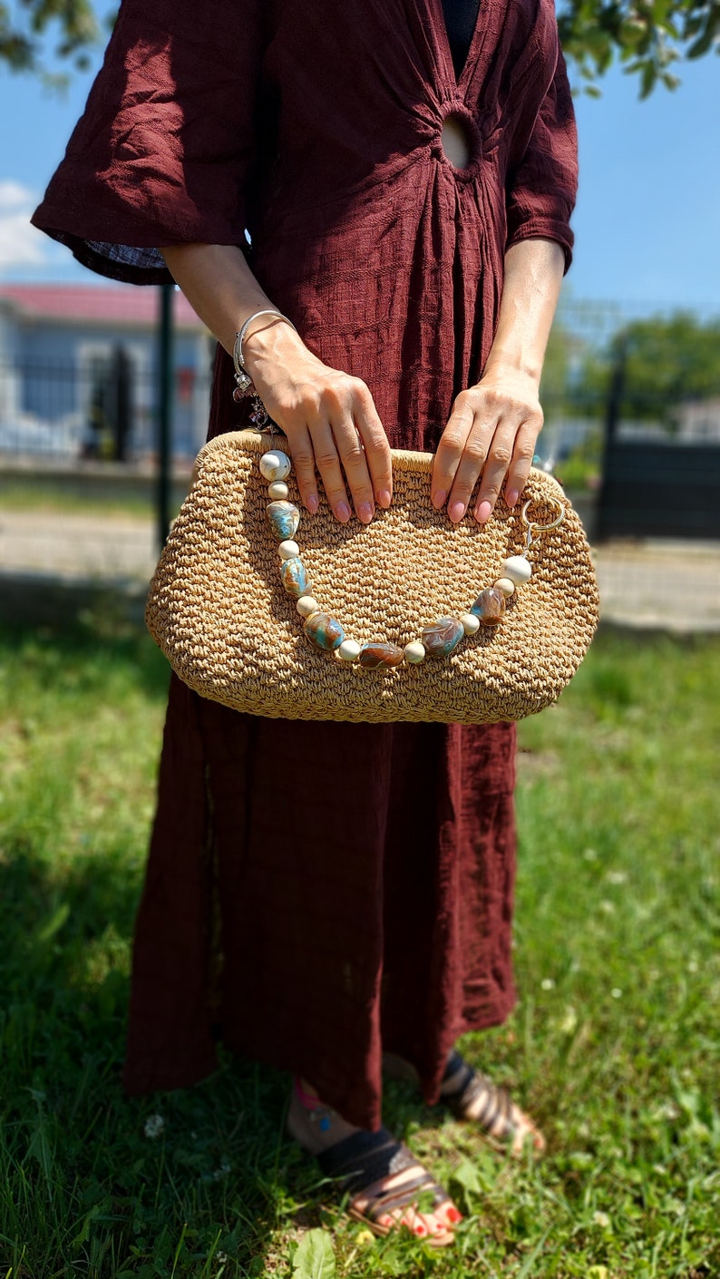 Raffia Bag Handmade Clutch, Crochet Raffia Clutch in Natural, Raffia Pouch, Raffia Shoulder Bag, Raffia Clutch Handbag, Crochet Straw Bag image 2