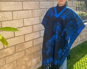 Mexican Rebozo, Horses Poncho,Artisanal Mexican Poncho, Full Body Poncho, Gaban Mexicano con Caballos