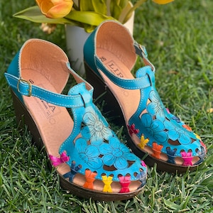 Huarache woman heels / Leather turquoise / artisan huarache // size 8 US - 9 US/ 100% leather huarache // Handmade//