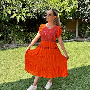 Hand-embroidered Mexican Artisan Dress, artisan bohemian style Mexican dress, Huipil embroidered Mexican style. Orange