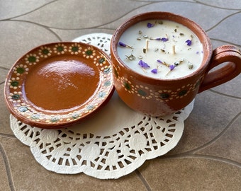 Kerze im mexikanischen Artisan Set Mug, Handwerkerkerze aus 100% Soja, Artesanales-Kerzen, Muttertagsgeschenke, Sojakerzen, Taza- und Plato-Set-Kerze