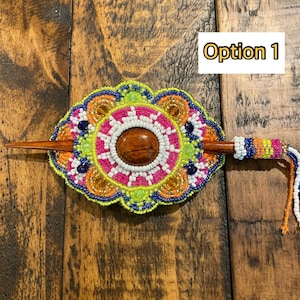 Colorful Hair Accessory, Beaded Hair Brooch, Huichol Art, Mexican Hair Accessory, Beaded Hair Accessory Barrette Clip w/ Wooden Stick Gift