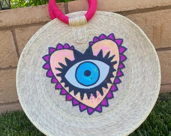 Circular Palm Bag decorated with Heart evil eye sequin patch, Handmade Straw Purse, Women's round tote bag, Beach Bag, Mother's Day Gift