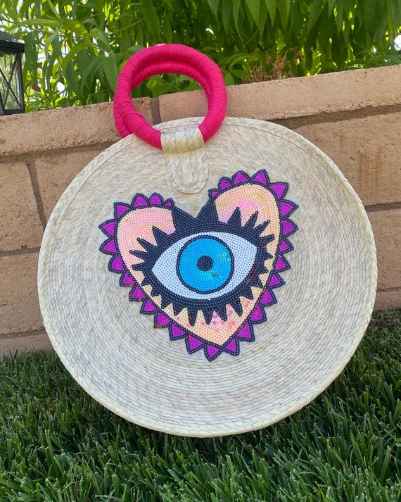 Sac circulaire en forme de palmier décoré d'un patch coeur mauvais