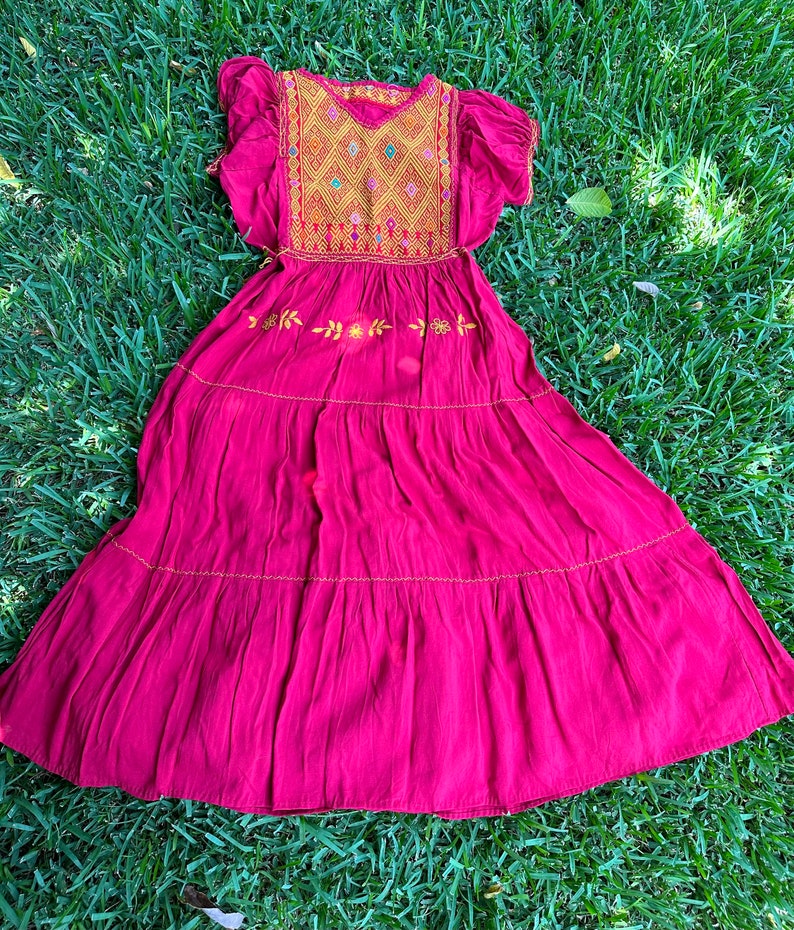 Hand-embroidered Mexican Artisan Dress, artisan bohemian style Mexican dress, Huipil embroidered Mexican style. image 7