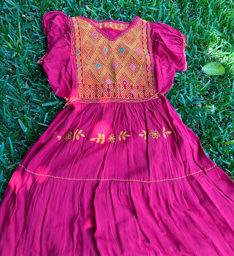 Hand-embroidered Mexican Artisan Dress, artisan bohemian style Mexican dress, Huipil embroidered Mexican style. image 6