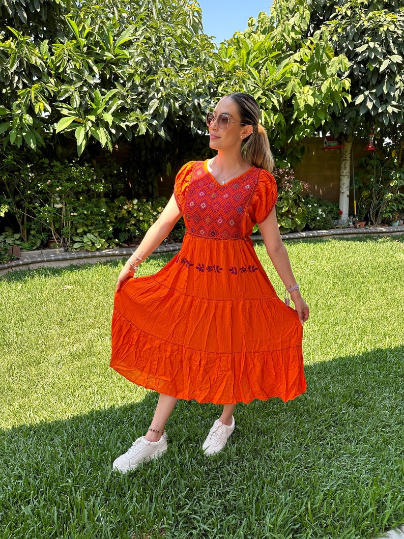 Hand-embroidered Mexican Artisan Dress, artisan bohemian style Mexican dress, Huipil embroidered Mexican style. Orange