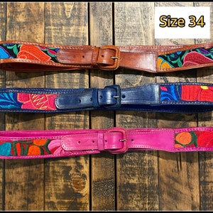 Mexican Leather Floral Embroidered Waist Belt, Flower Mexican Belt, Cinturon Bordado Artesanal size 34