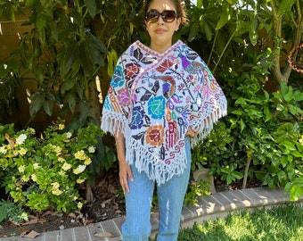 Mexican Handmade Embroidered Poncho, Mexican Traditional Mañanita, Cotton, multicolor poncho, Punto de Cruz