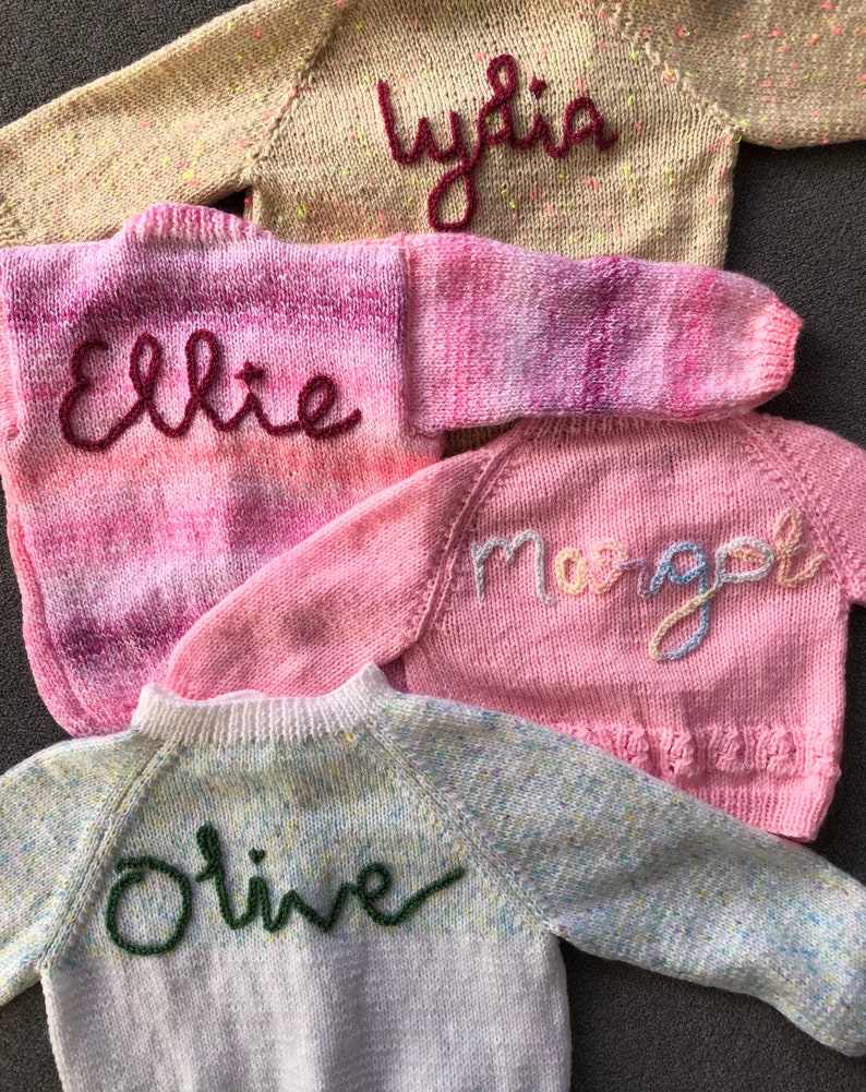 3-6 months approx Hand Knitted and Embroidered Personalised Baby Name Cardigan Upstitched Knits