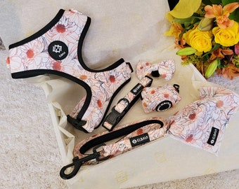 White Floral Dog Harness Set with Collar, Bandana, Poo bag, Bow Tie and Leash for Small Dog / Girl Dog Harness