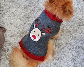 Gray Knitted Christmas Dog Sweater for Small Dogs / Reindeer Pet Sweater / Winter Fall Dog Pullover / Small Dog Sweater/Dog Christmas Outfit