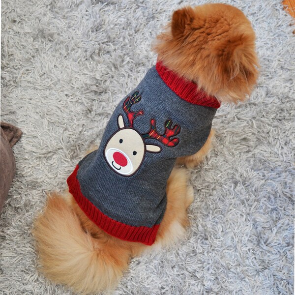 Gray Knitted Christmas Dog Sweater for Small Dogs / Reindeer Pet Sweater / Winter Fall Dog Pullover / Small Dog Sweater/Dog Christmas Outfit