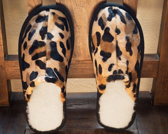 Leopard Print Leather Slippers for Women, Sheepskin Wool Lined Open Back Mules, Warm Cozy House Shoes Gift for Her