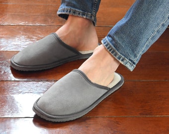 Men's Sheepskin Slippers Handmade Winter House Shoes Open Back Grey Warm Comfortable Scuffs