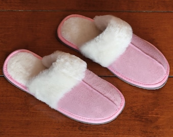 Pink Sheepskin Slippers for Women, Wool Lined Open Back Mule Slippers, Cozy House Shoes with Plush Fleece Cuff