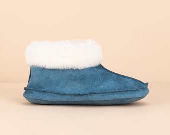 Shearling Slipper Boots Winter Slippers Blue Color Warm Barefoot Comfort Perfect Lounging Shoes