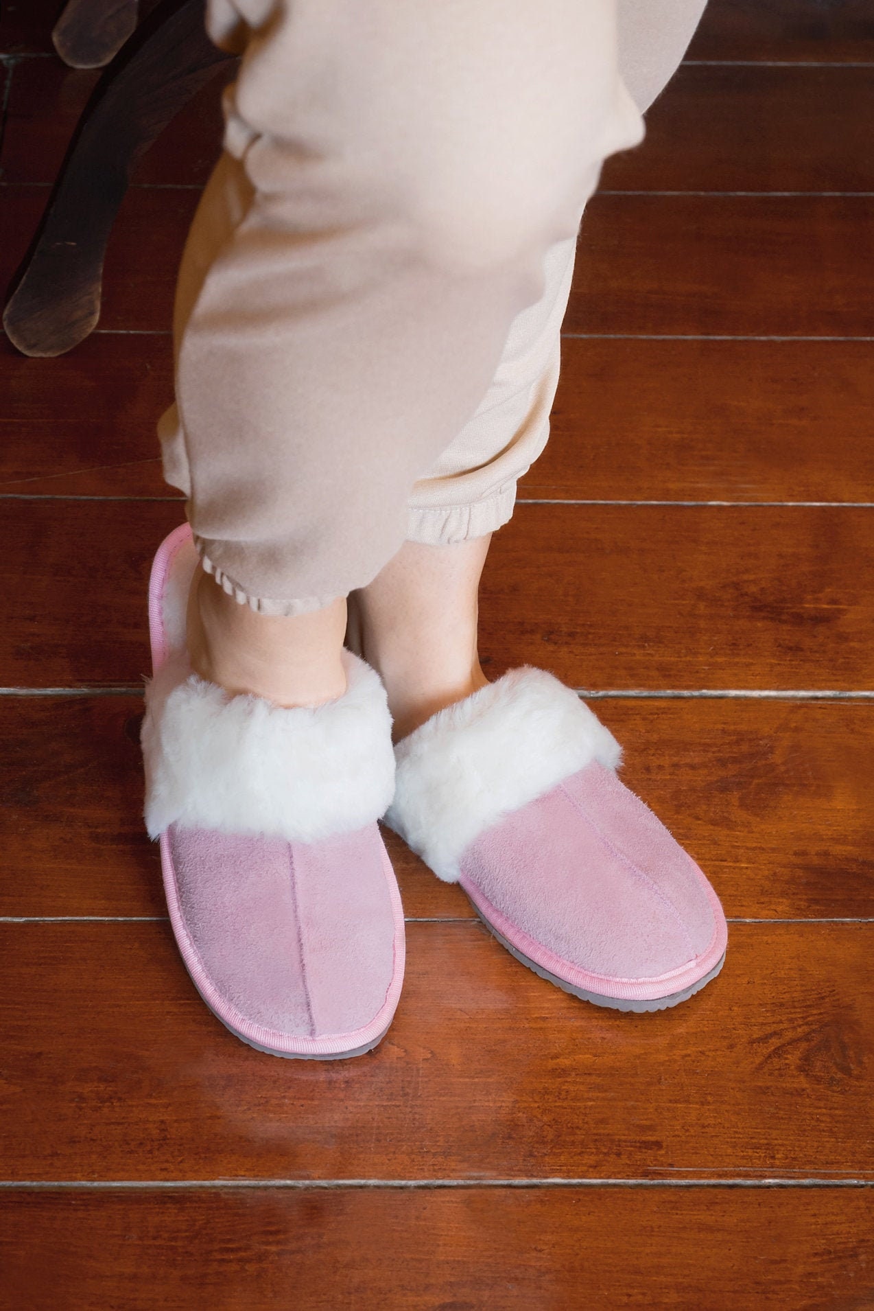 Pink Sheepskin Slippers Winter Slippers Plush Natural Fleece Cuff