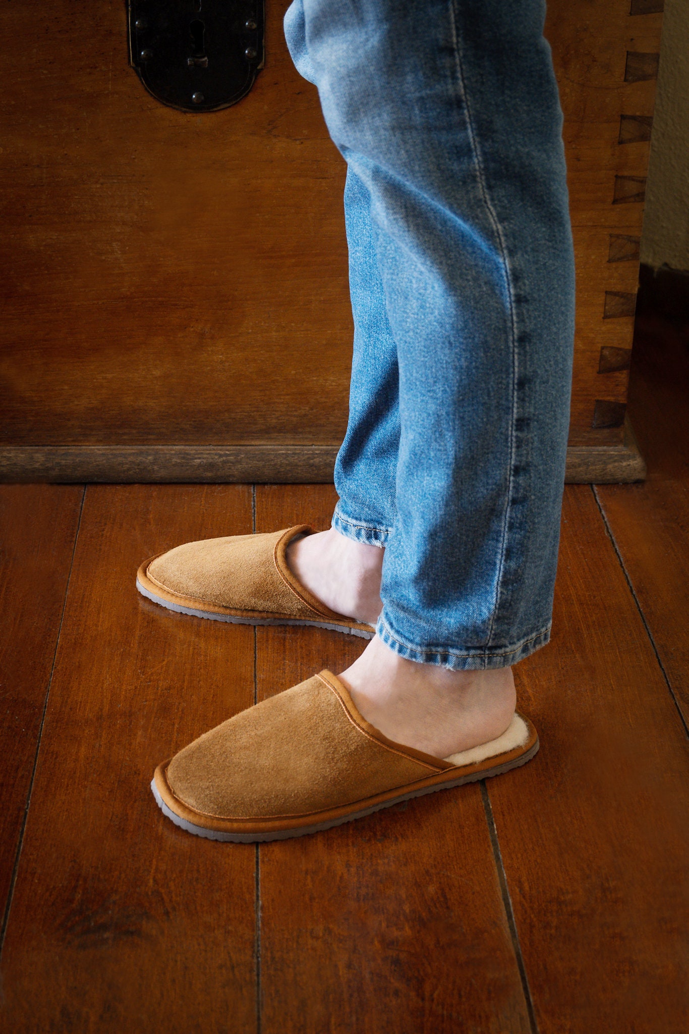 Mens Sheepskin Slippers Open Back Tan 