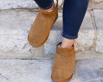Handmade Sheepskin Suede Ankle Boots: Warm Winter Low Boots