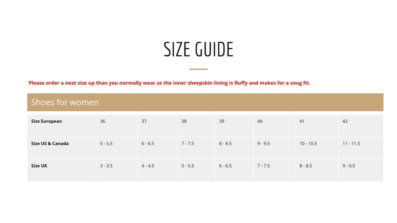 May include: Size guide for women's shoes with a table showing European, US & Canada, and UK shoe sizes. The table shows corresponding sizes for each region.