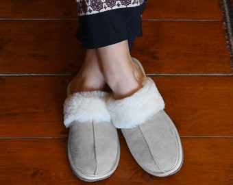 Grey Suede Sheepskin Slippers for Women, Lambswool Cuff Wool Lined Mules, Cozy Winter House Shoes