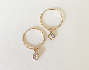 Birthstone Hoop Earrings In Swarovski Crystal | Crystal Dangle Earrings | Dainty Minimalist Earrings