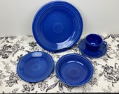 Fiesta Retired Sapphire 5 Piece Place Setting - Dinner Plate, Salad Plate, Bowl, Teacup and Saucer