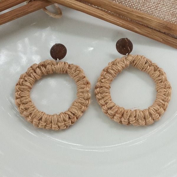 knitted jute rope and coconut shell circle stud earrings handmade Weaving Twine Rope jewelry yarn dangle circle Tasseled ears stud