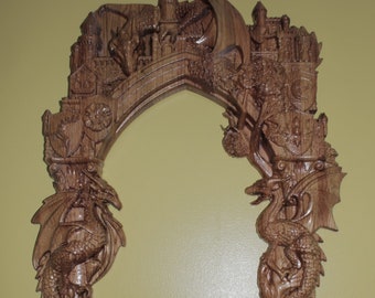 Iconic Oak Wood Mirror Frame with Sigils and Dragons Carving