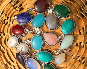 Assorted Crystal Necklace Pendants, Silver Overlay Handmade Necklace, Boho Pendant, Hippie pendant, Women Gemstone Pendant Jewelry